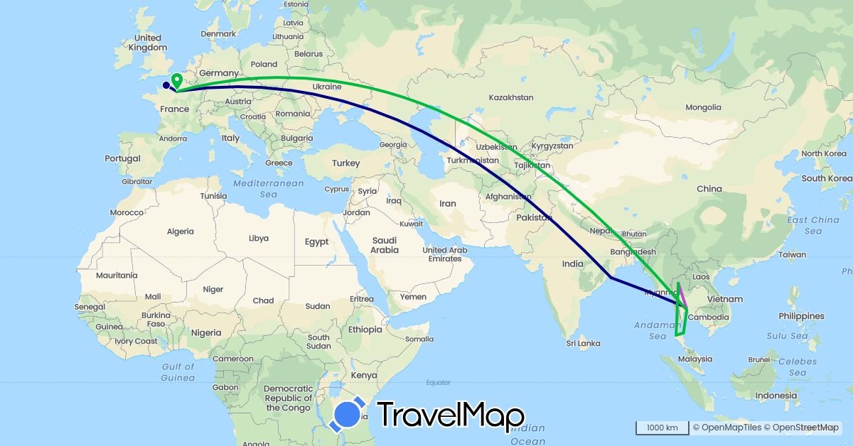 TravelMap itinerary: driving, bus, train in France, Thailand (Asia, Europe)